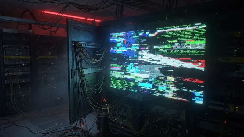 A dimly lit server room with tangled cables, smoke, and a large screen displaying colorful digital glitch patterns and text.
