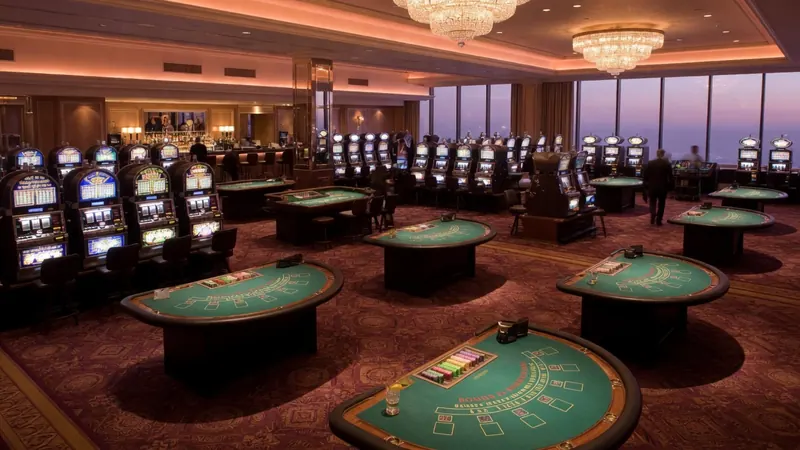 Luxurious casino interior with numerous slot machines, green felt poker tables, ornate chandeliers.