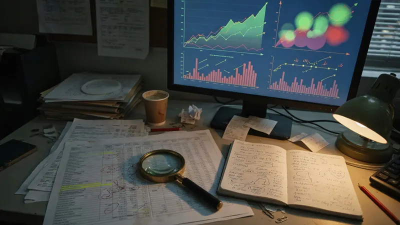 A cluttered office desk features a computer monitor displaying colorful financial graphs and charts, surrounded by stacks of papers.