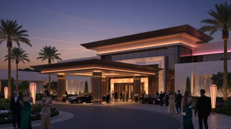 Elegant modern building with a grand entrance and valet area at dusk, featuring luxury cars, formally dressed guests, palm trees.