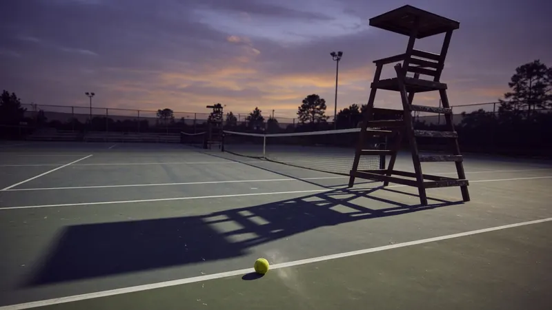 A tennis court at dusk with a wooden umpire's chair casting a long shadow across the green surface.